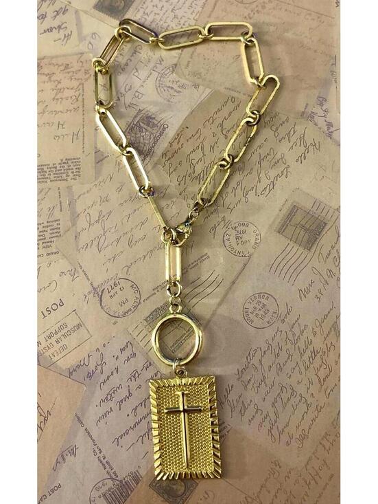 Jewelry - Vintage Yellow Metallic Paperclip Chain Textured Cross Tag Necklace